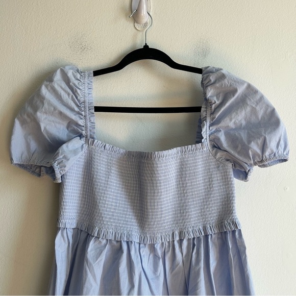 Aritzia Sunday Best Sz L Hadley Blue Striped Coastal Puff Sleeves Mini Dress - Picture 6 of 11